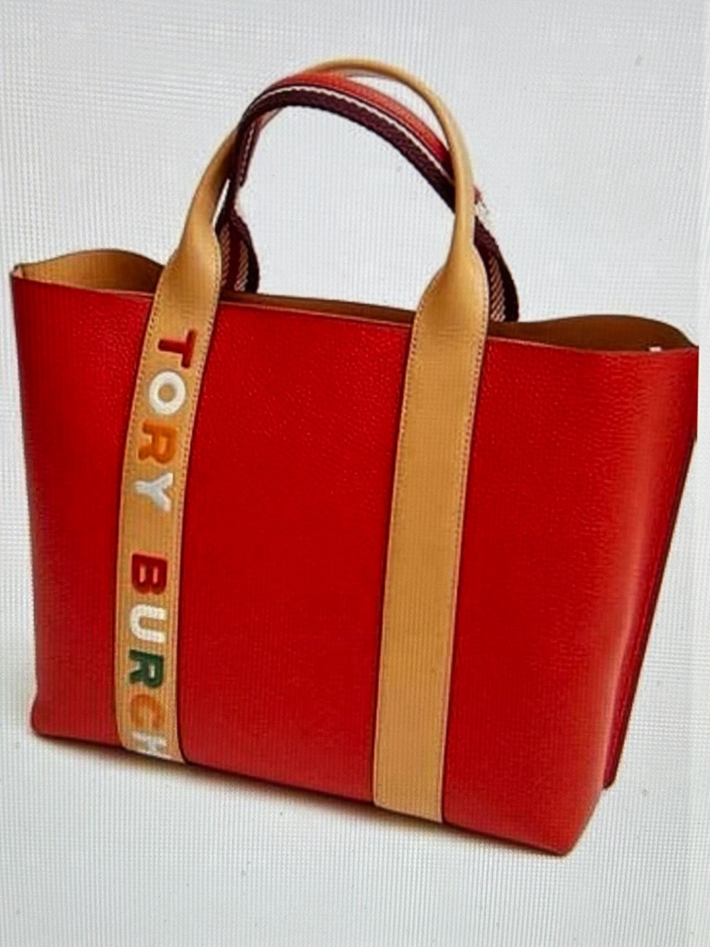 Tory Burch PERRY MULTI-STRIPE TRIPLE-COMPARTMENT TOTE Brilliant RED